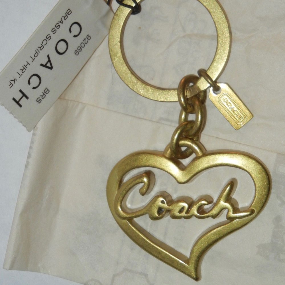 *Vintage* NWT Coach Brass Script Branded Heart Keychain 92069